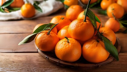 fresh mandarin oranges or tangerines on wooden table