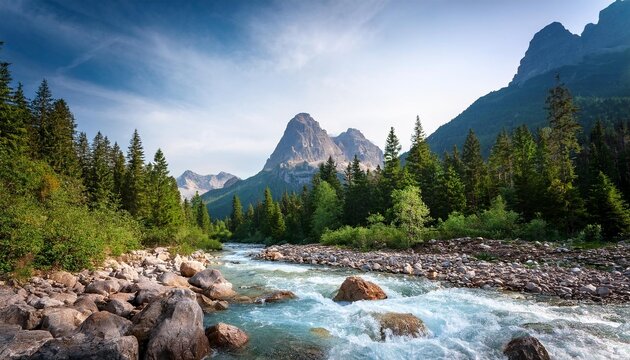a rocky mountain river flows through the forest on the background of mountains eco nature landscape with mountains forest and a river in front beautiful scenery generative ai