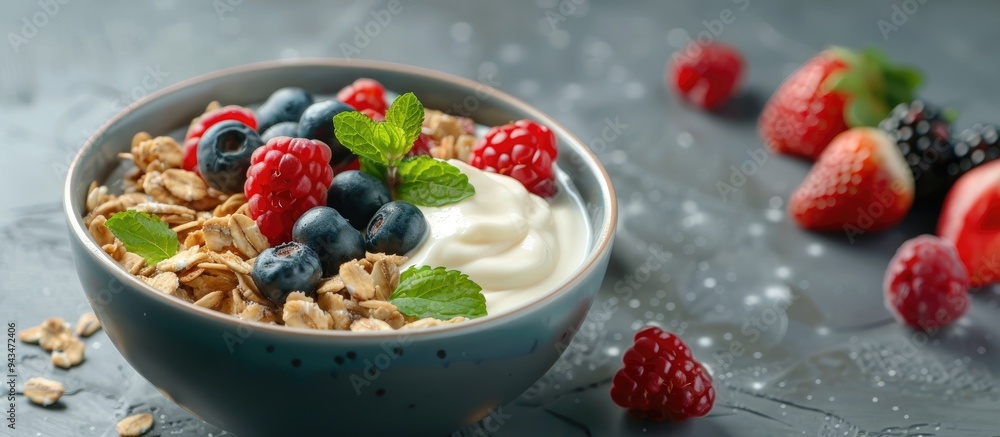 Aufkleber Closeup shot of a bowl of delicious granola with yogurt and berries on a textured grey table perfect for including copy space image