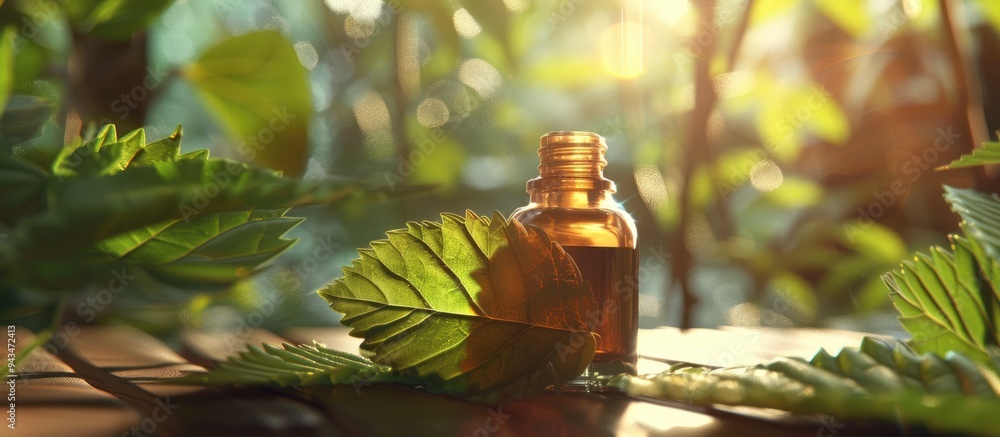 Poster essence of patchouli and leaf in a copy space image