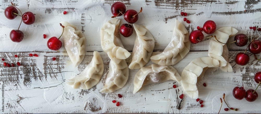 Poster Blank space for text available in a rustic setting showcasing uncooked dumplings varenyky and ripe cherries on a white wooden surface with room for a caption. Creative banner. Copyspace image