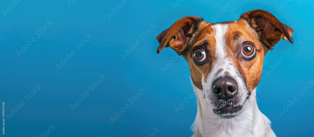 Aufkleber surprised dog with wide eyed expression on blue background with copy space image