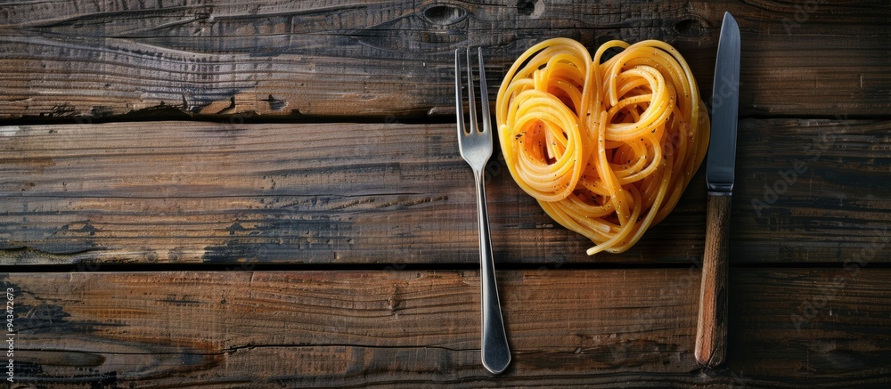 Poster wooden table with a heart shaped arrangement of delicious spaghetti and a fork placed neatly leaving