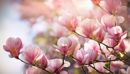 Obraz premium magnolia pink flowers on flowering magnolia tree background