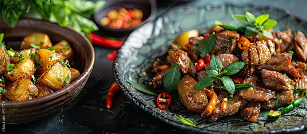 Poster traditional javanese dish sambal goreng ati kentang fried potatoes and chicken liver in a plate with