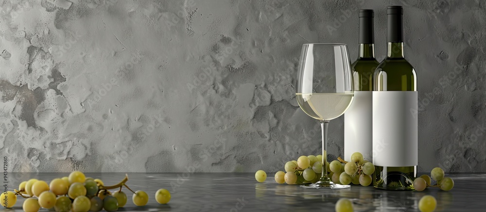 Poster White wine bottle and glasses with grapes against a gray backdrop with a space for additional images