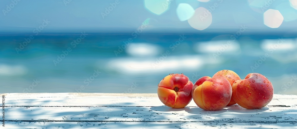 Poster a serene outdoor setting with nectarines displayed on a white wooden table against a blurred sea bac