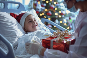 A member of the government visits a sick child in the hospital to help cheer up the patient. Christmas gifts for sick children.