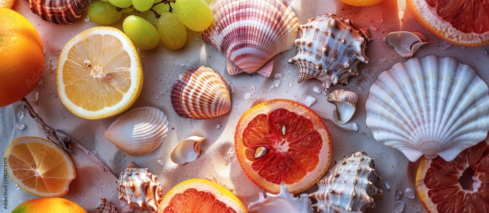 Leinwandbilder flat lay composition featuring shells vibrant fruits and trendy summer items on a table backdrop per