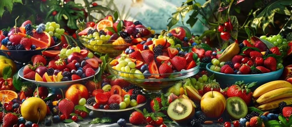 Poster A vibrant scene featuring an array of colorful fruit salads overflowing with fresh cut delights creating a captivating copy space image