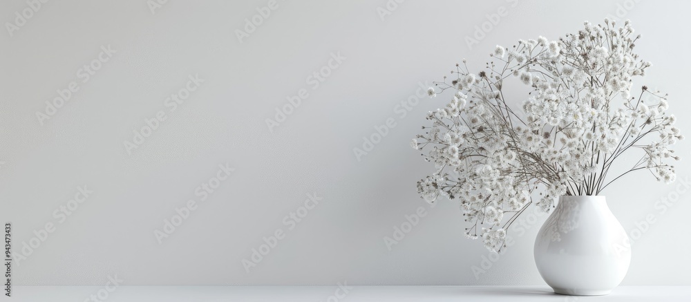 Poster minimalistic composition featuring white dried flowers in a vase on a white background with a decora