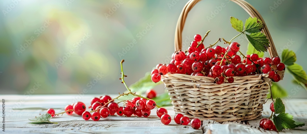 Poster close up view of red currant berries in a basket on a white wooden table with space for text or imag
