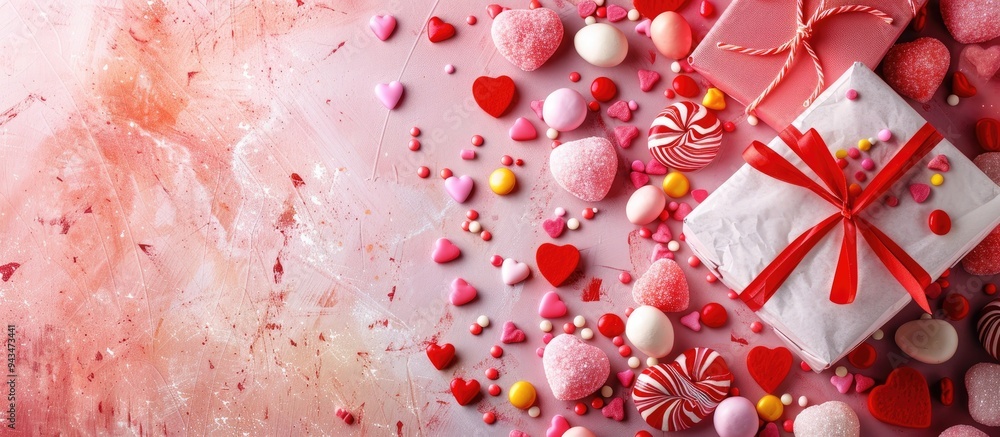 Fototapete top down view of a valentine s day arrangement featuring sweet candy gift boxes tied with bows red f