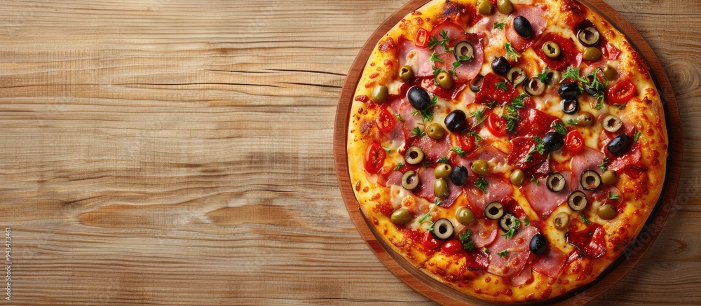 Poster top view photo of delicious pizza with cured ham olives sun dried tomato and pepper on a wooden surf