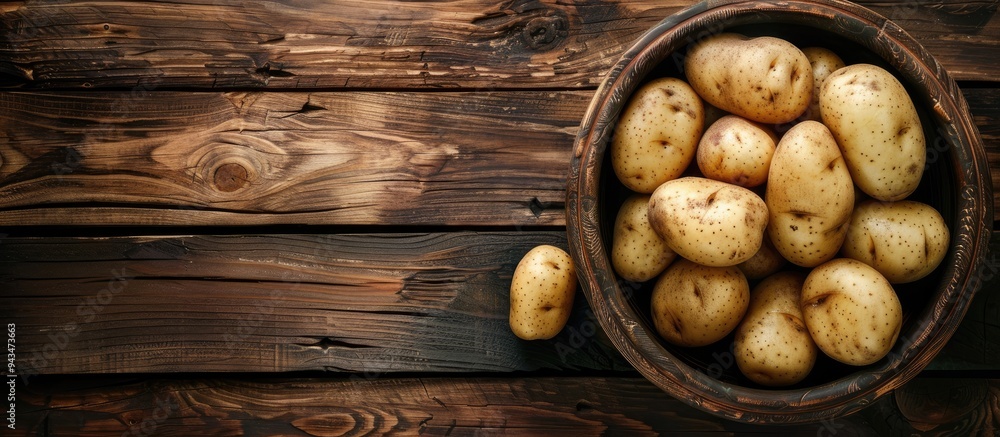 Aufkleber top view of freshly cut raw potatoes in a bowl on a wooden table with copy space image available