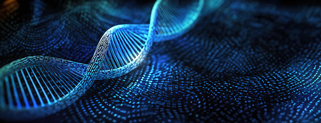 Digital representation of a DNA double helix, illuminated by warm light, surrounded by a network of data points, symbolizing the intersection of biology and technology.