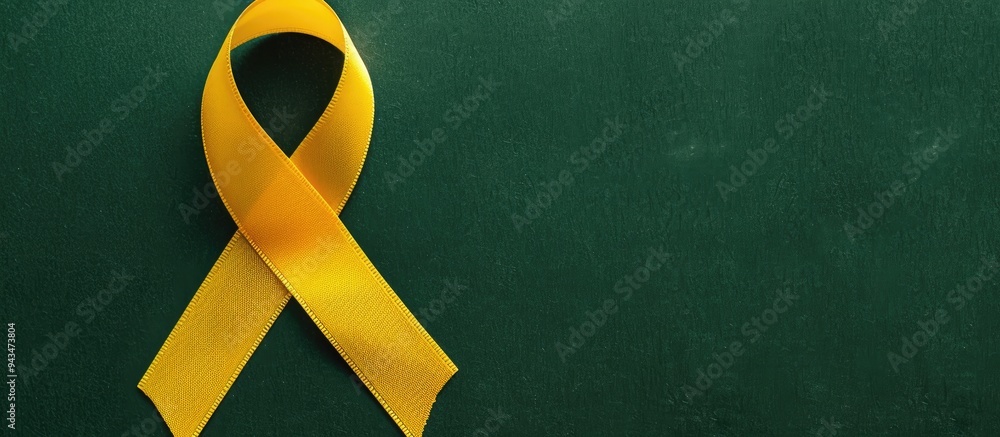 Poster Top view of a yellow awareness ribbon on a green background with copy space image available