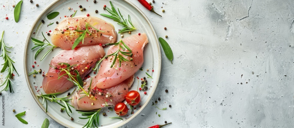 Poster chicken breast fillet presented on a plate against a bright background adorned with assorted spices 