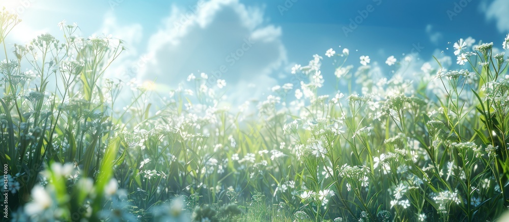 Poster cicely flowers in full bloom on a picturesque meadow with a stunning copy space image available for 