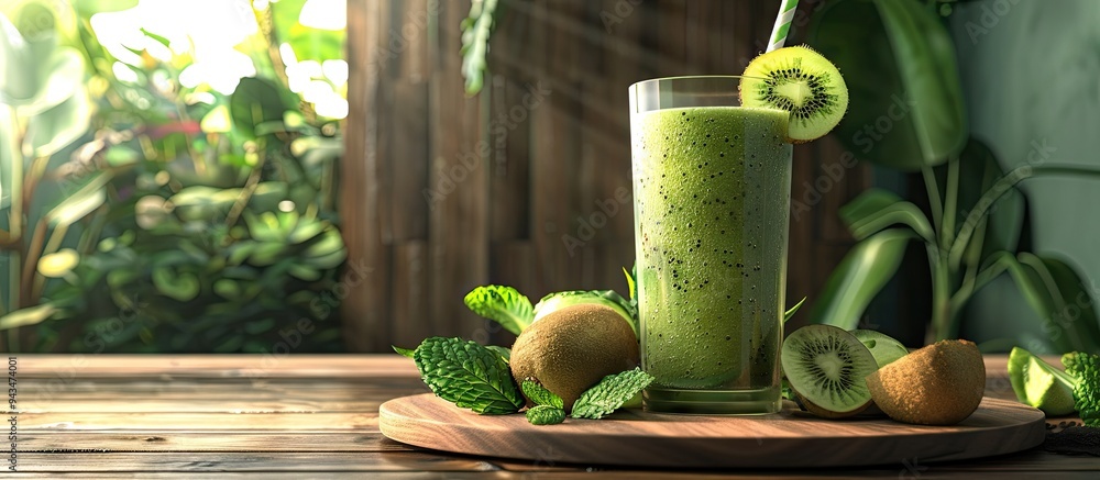 Aufkleber Wooden background setting with board displaying a glass of freshly blended kiwi smoothie garnished with mint with space for inserting images. Creative banner. Copyspace image