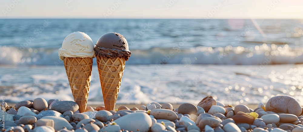 Poster a vanilla and a chocolate ice cream cone are displayed on a pebble beach with a blue sea in the back