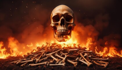 the end of humanity a haunting image of a giant skull amidst a pile of bones on fire in a dark apocalyptic inferno