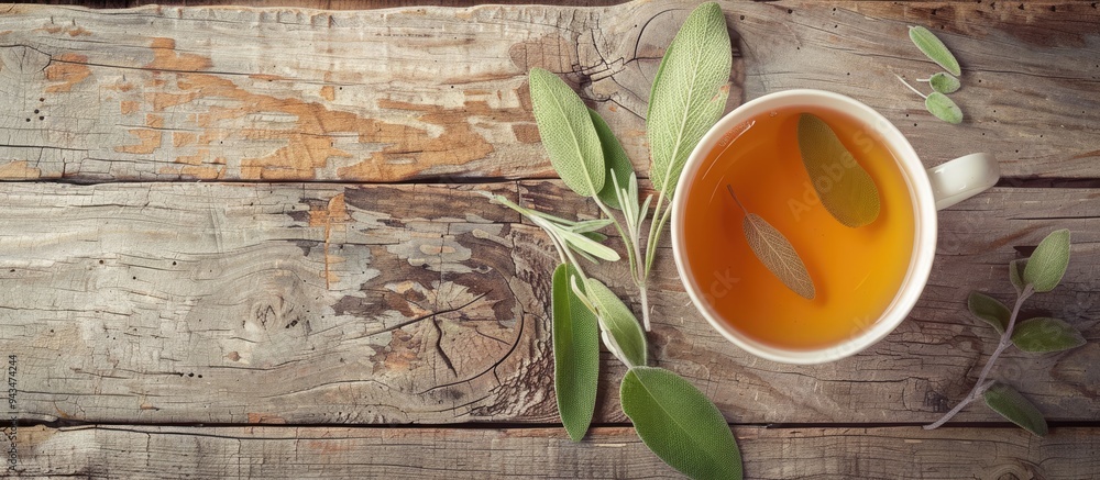 Poster Top view of a cup of fragrant herbal tea with sage on a wooden table ideal for adding text Includes copy space image