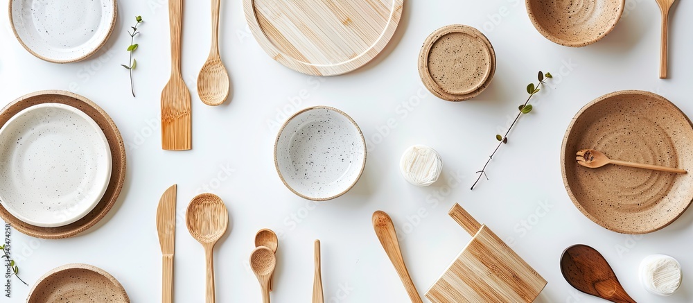 Poster top view of a selection of eco friendly biodegradable craft dishes placed on a light white table bac