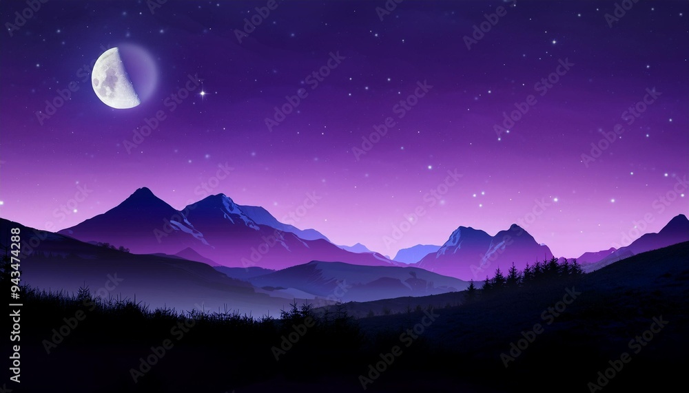 Wall mural ai illustration of purple night landscape mountains lit by moonlight highlands at night