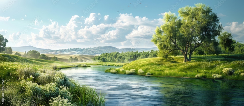 Aufkleber scenic summer landscape with greenery trees river creating a picturesque panoramic view perfect for 