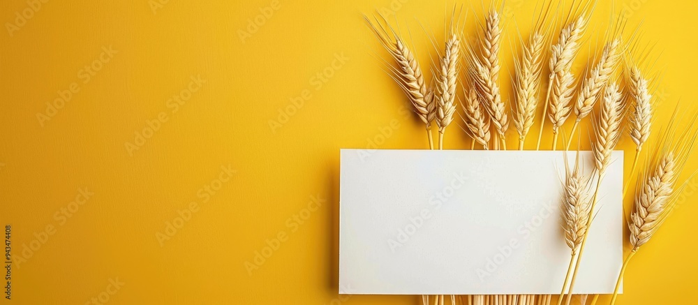 Aufkleber A decorative golden backdrop adorned with a group of wheat stalks and a blank white mockup Embracing agricultural themes in a minimalist presentation perfect for adding text. Creative banner