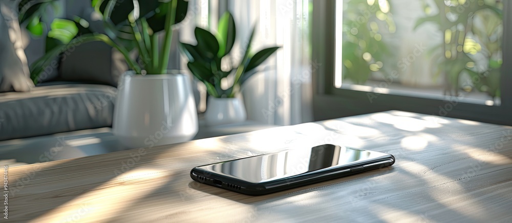 Poster Phone resting on table with ample copy space image