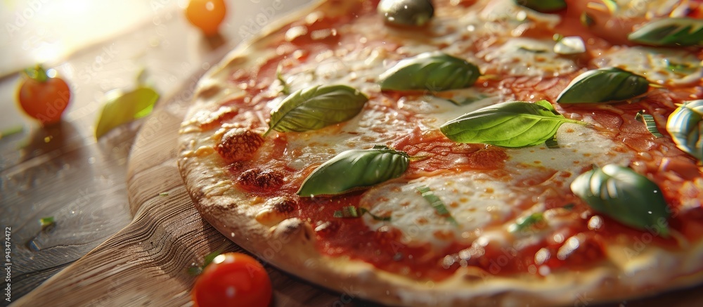 Poster classic margherita pizza from naples with an authentic brick oven cooked style featuring simple topp