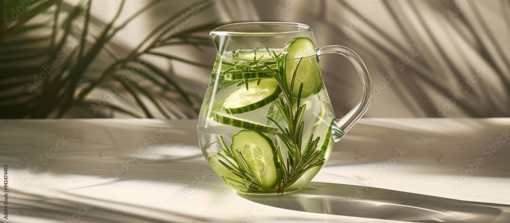 Aufkleber close up of a jug of refreshing cucumber water infused with rosemary on a white table suitable for a