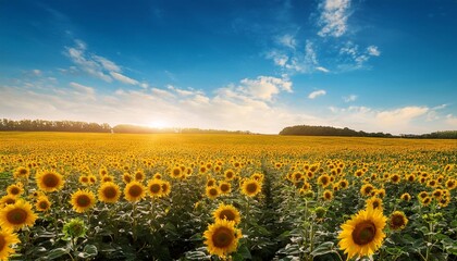 Obraz premium beautiful day over sunflowers field panorama shot