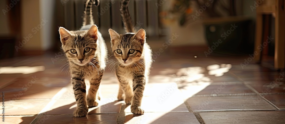 Poster Two felines strolling indoors with a copy space image