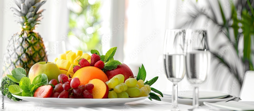 Poster Table set with a fresh fruit salad menu displayed on a white surface with copy space image