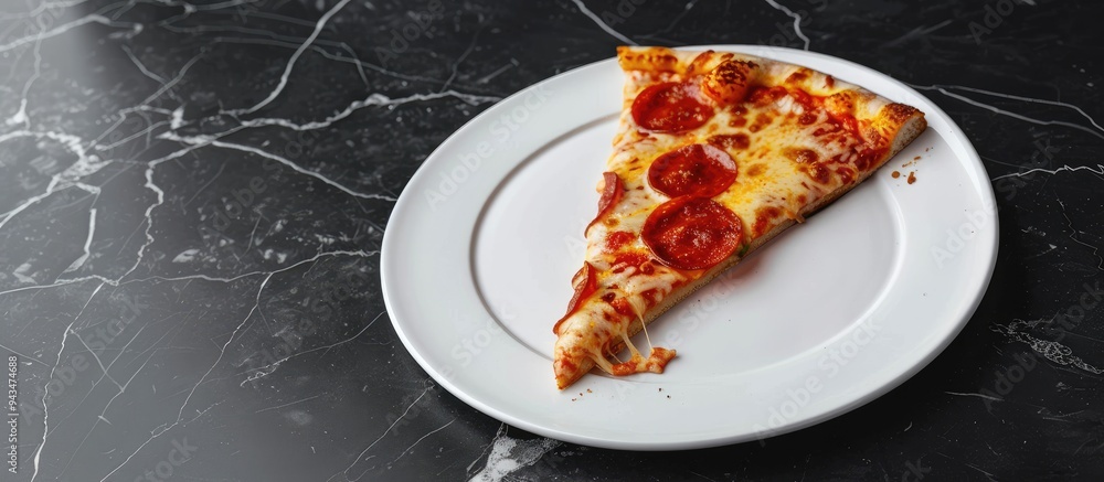 Poster pizza slice being bitten on a white plate against a black marble backdrop with copy space image