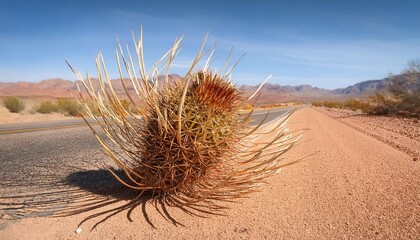 a dry thorny tumbleweed plant on a desert road
