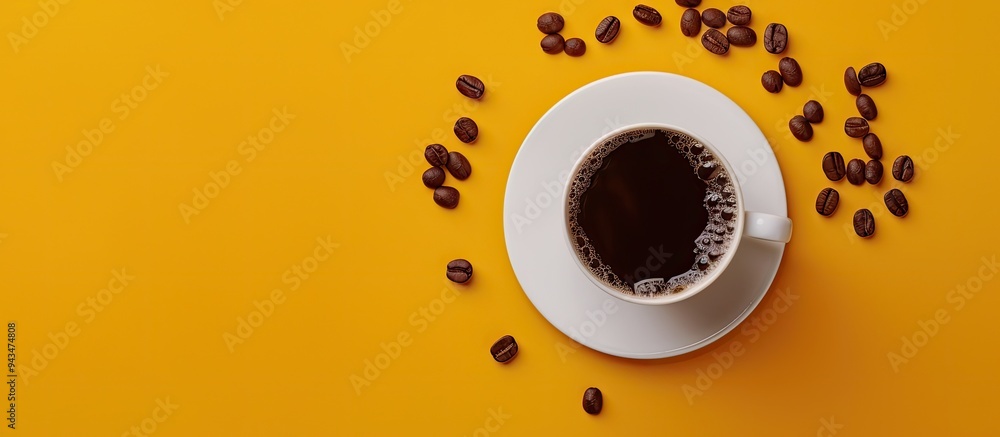 Aufkleber top view of a white coaster next to a coffee cup with coffee beans on a yellow backdrop in this copy