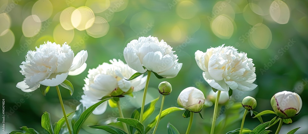 Aufkleber Blooming white peonies close up in a spring garden with a green natural background creating a beautiful bokeh effect for a copy space image