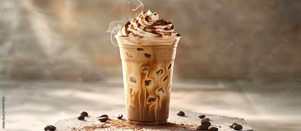 Poster latte ice coffee displayed in a photo with white backdrop and isolated copy space image