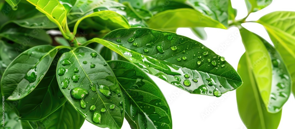 Poster close up of a walnut tree with vibrant green leaves and raindrops isolated on a white background per