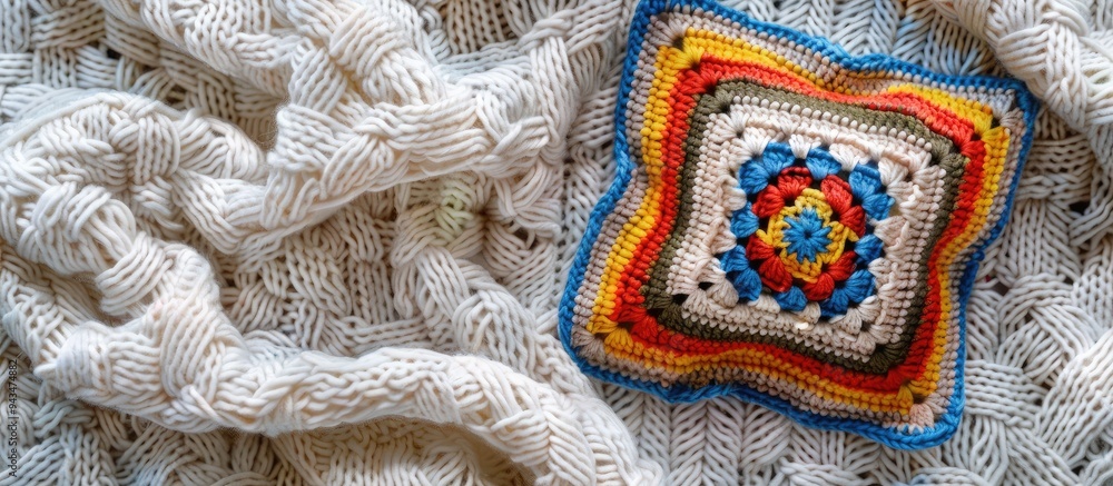 Poster crocheted granny square on a white backdrop with a textured pattern providing copy space image
