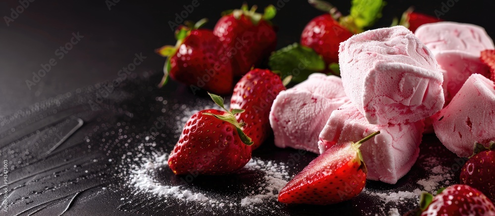 Poster high quality close up image of pink dessert marshmallow with strawberries on a black background feat