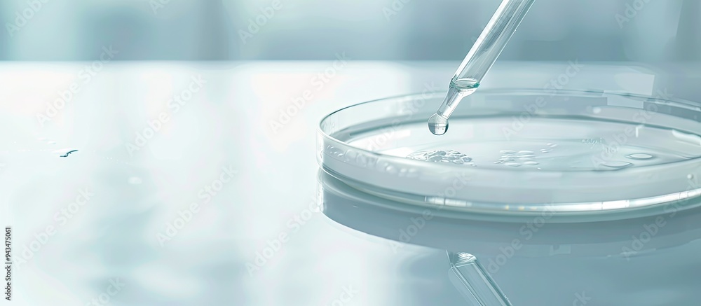 Poster close up shot of a pipette releasing liquid into a petri dish on a white table with space for text i