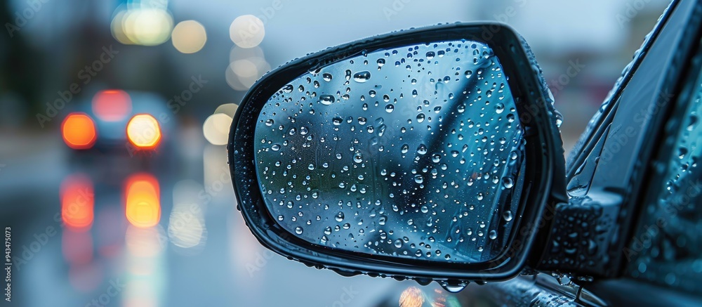 Aufkleber close up image of water droplets on a car s side mirror and windows with empty copy space posing a r