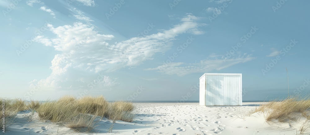 Aufkleber A polyester structure like a cabin or shed situated on the sandy beach with ample copy space image