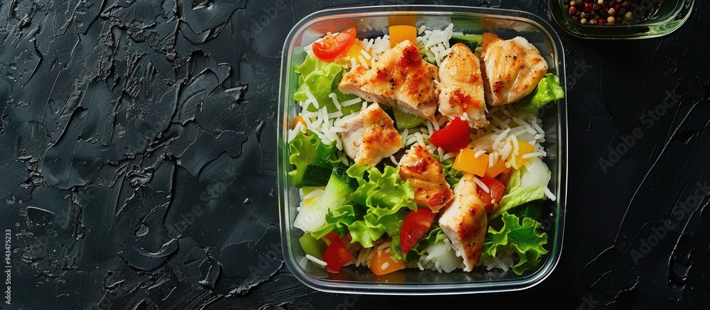 Aufkleber Fresh salad chicken and rice in a glass container on a black table from a top view perspective with room for text in the image. Creative banner. Copyspace image