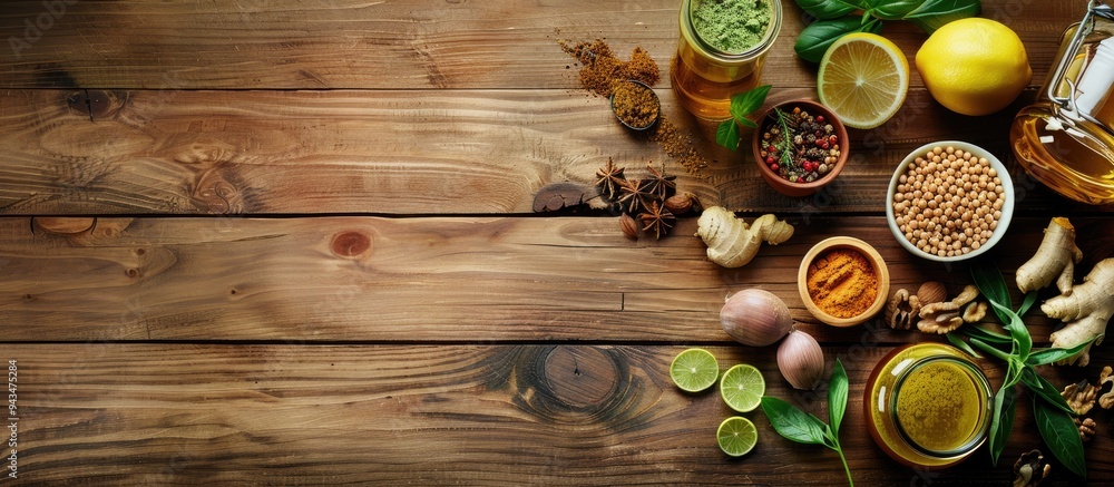 Fototapete A selection of fresh products on a wooden table perfect for promoting gut health Ideal for adding text with a copy space image